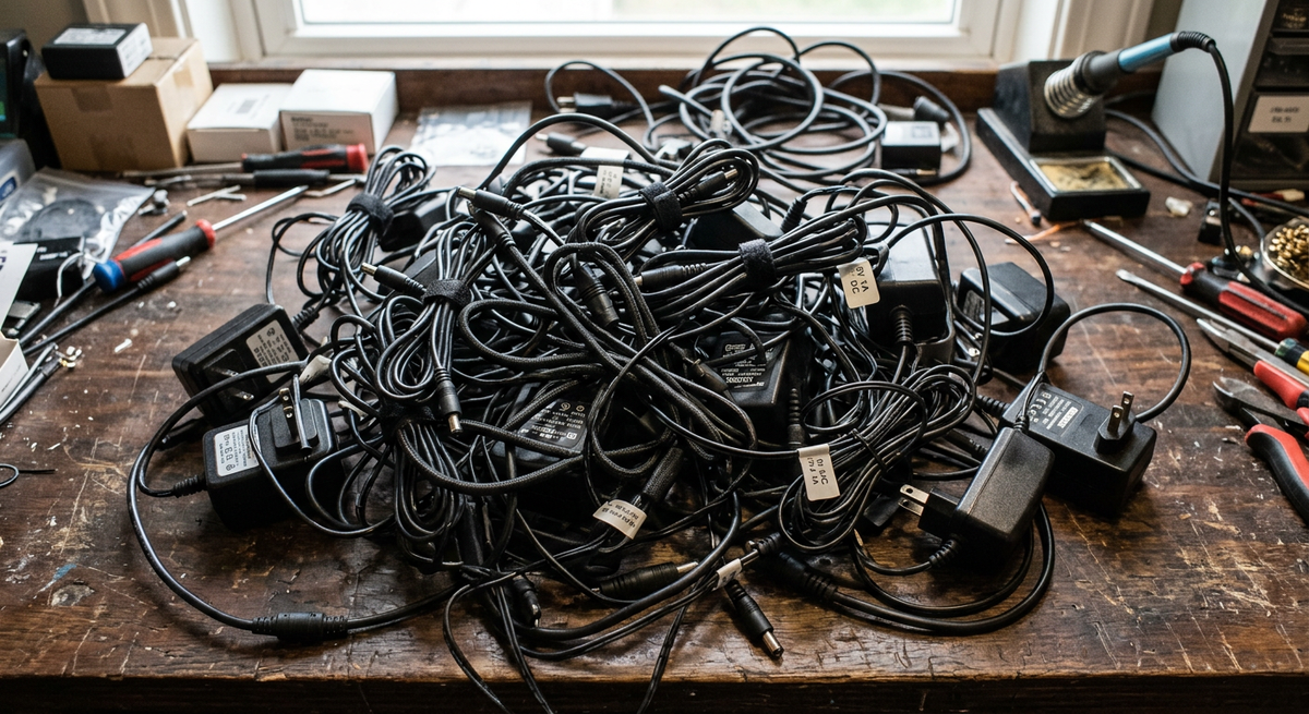 pile of dc 9v wall warts on a table.