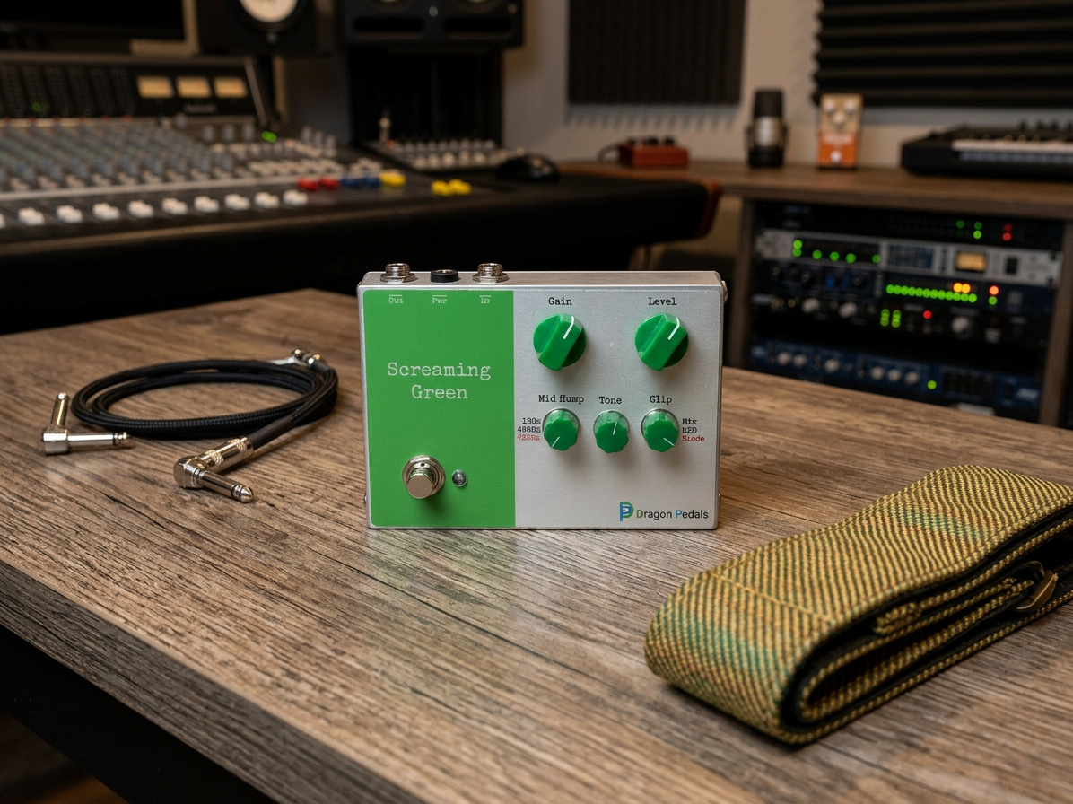 Green Tube Screamer-style guitar pedal with labeled knobs