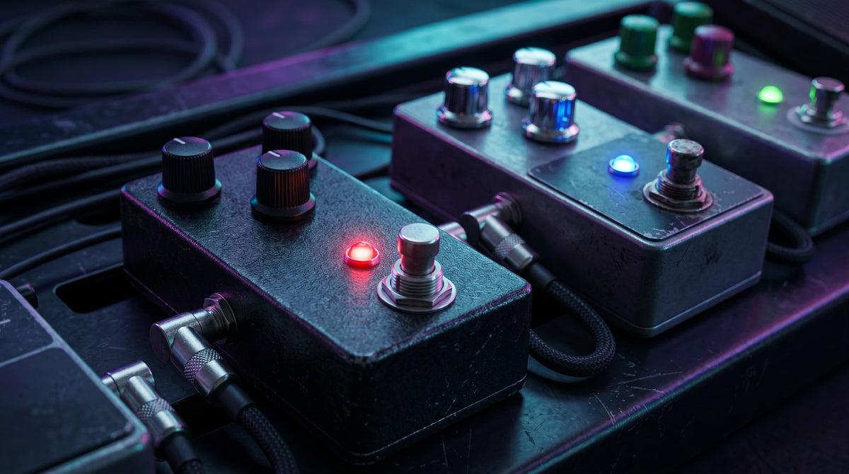 AN AI generated image of a guitar pedalboard