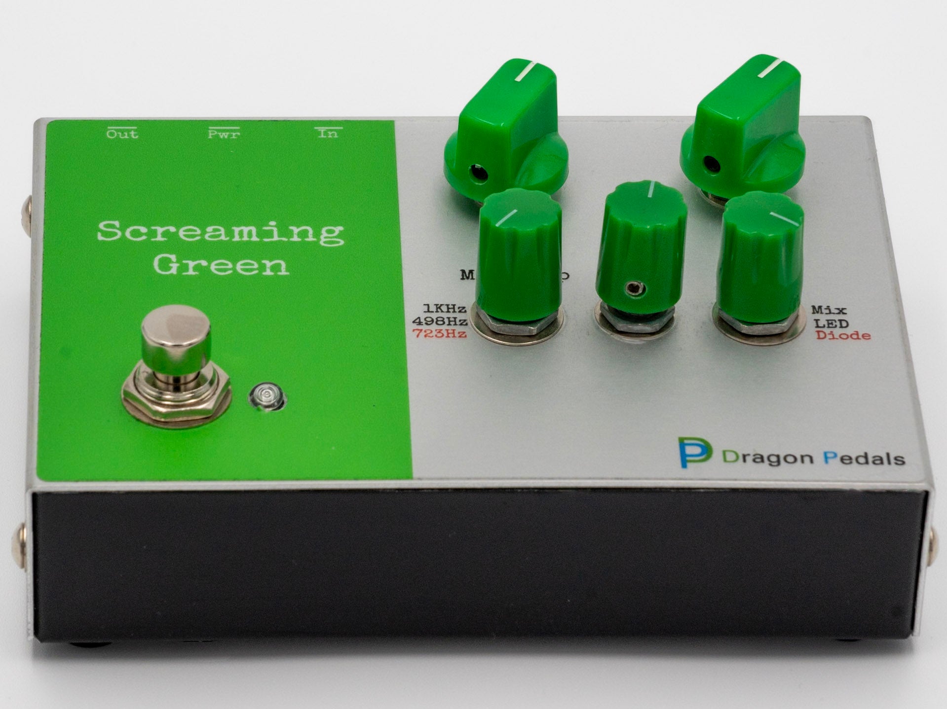 Green tube screamer pedal front panel with knobs