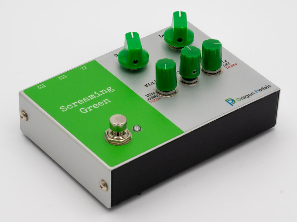 Green Tube Screamer-style guitar pedal with multiple knobs