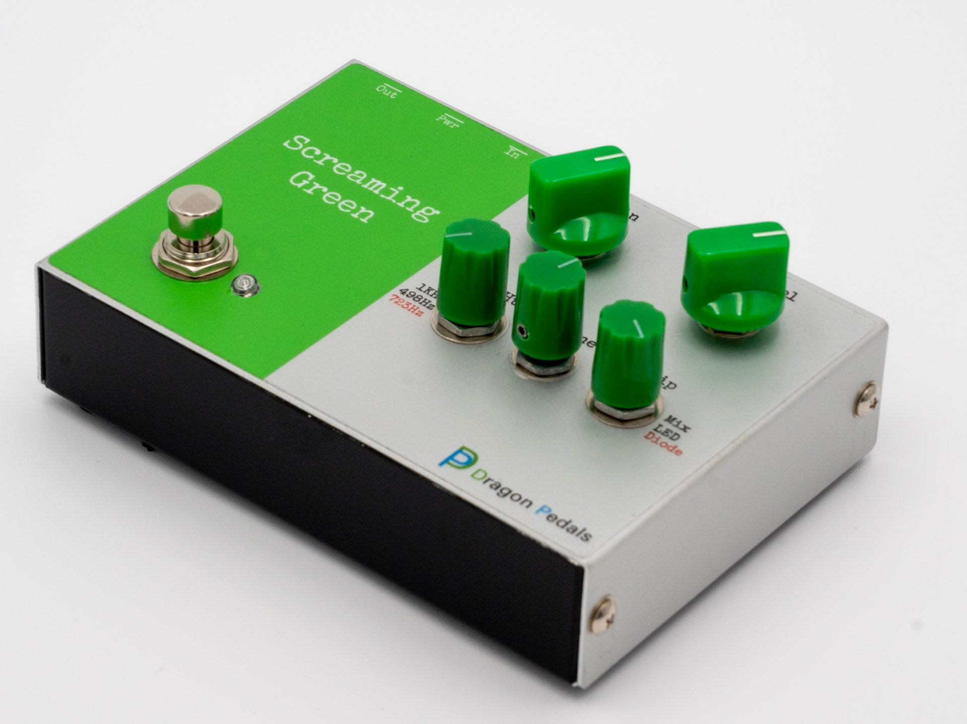 Green Tube Screamer-style guitar pedal with labelled knobs