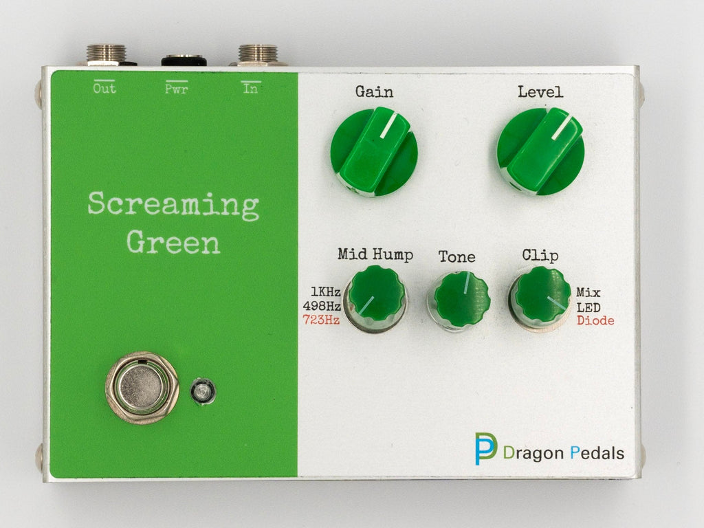 Green guitar pedal with green knobs