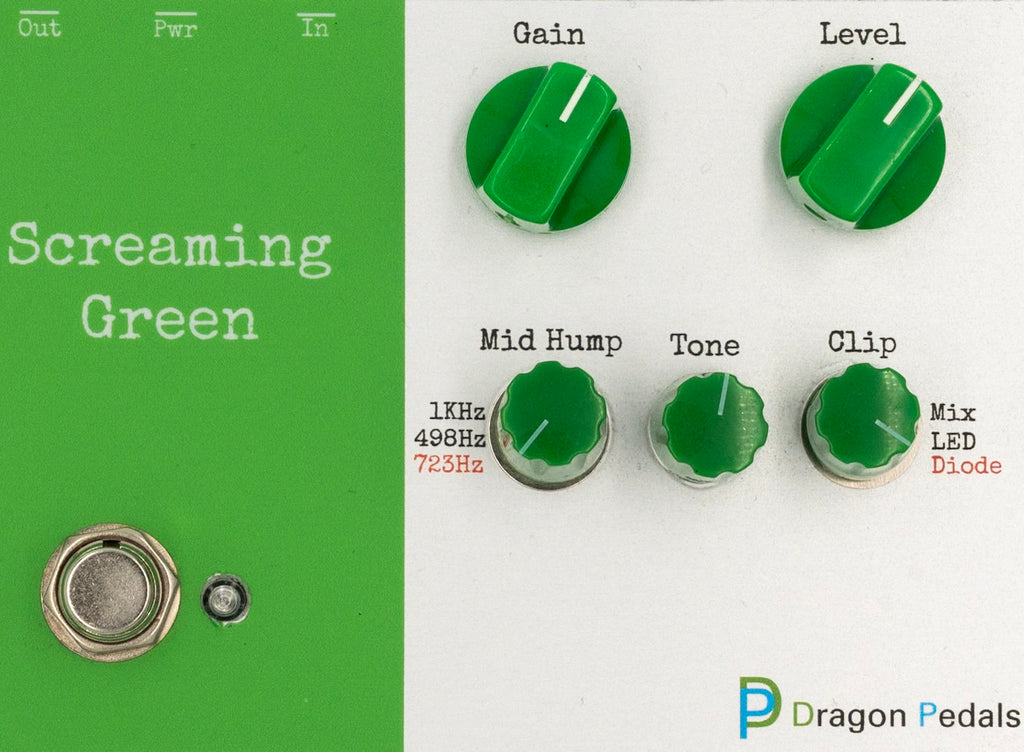 Close-up of a Screaming Green tube screamer pedal layout with green knobs and text