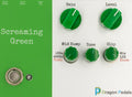 Close-up of a Screaming Green tube screamer pedal layout with green knobs and text